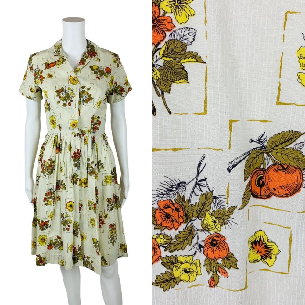 Vintage 1960s Shirt Dress Strawberries Fruits & Flowers Print Crestmont | W 24"